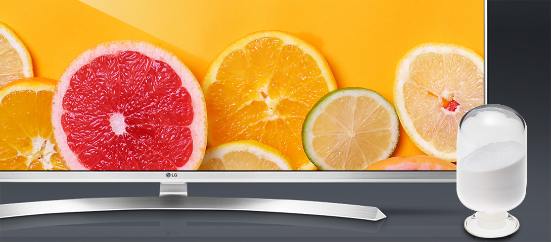 OLED TV 안에 초고화질 오렌지 이미지들이 노축되고, 그 오른쪽으로 OLED 물질이 높여져 있음.        OLED 재료 OLED Materials LG화학 첨단소재 차세대 디스플레이의 핵심소재